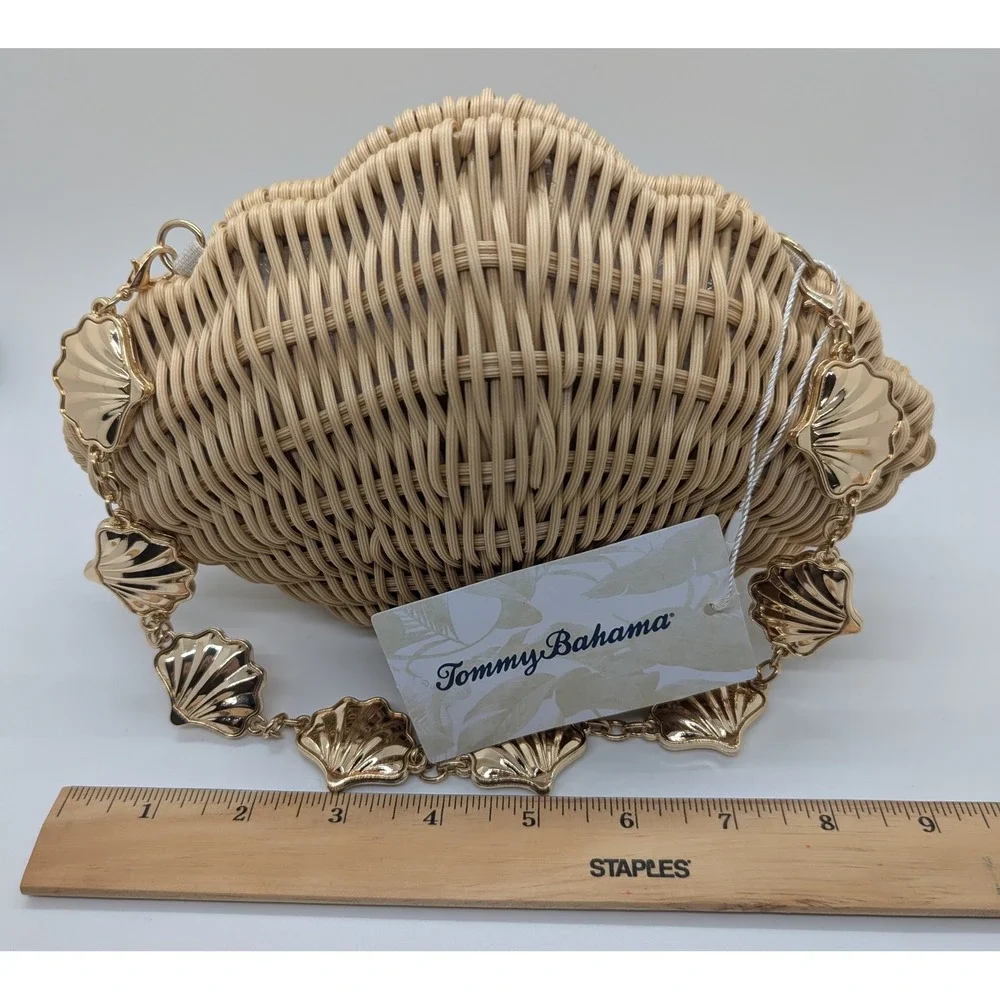 NEW Tommy Bahama Woven Shell Clutch Bag Natural Tan Gold Shell Chain WW0001